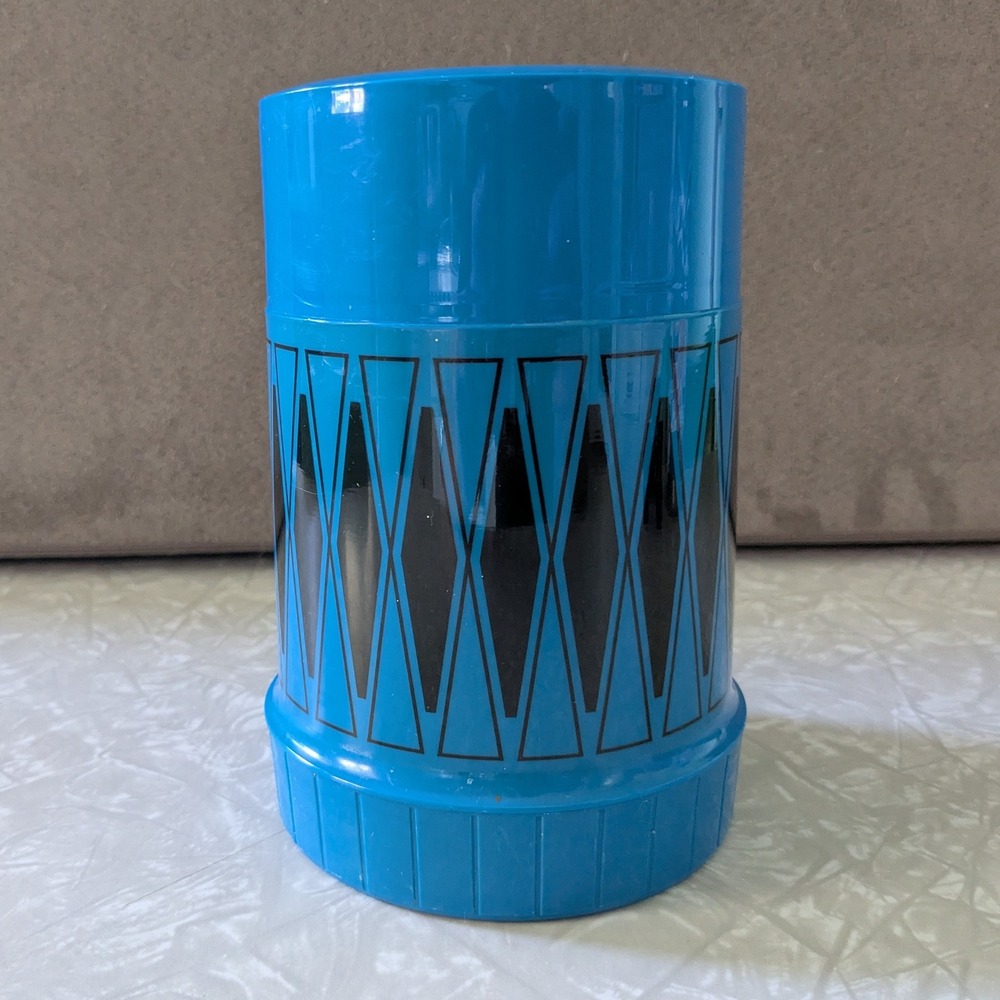 King-Seeley Thermos Blue Black Diamond Harlequin Pattern Plastic USA Vintage 70s